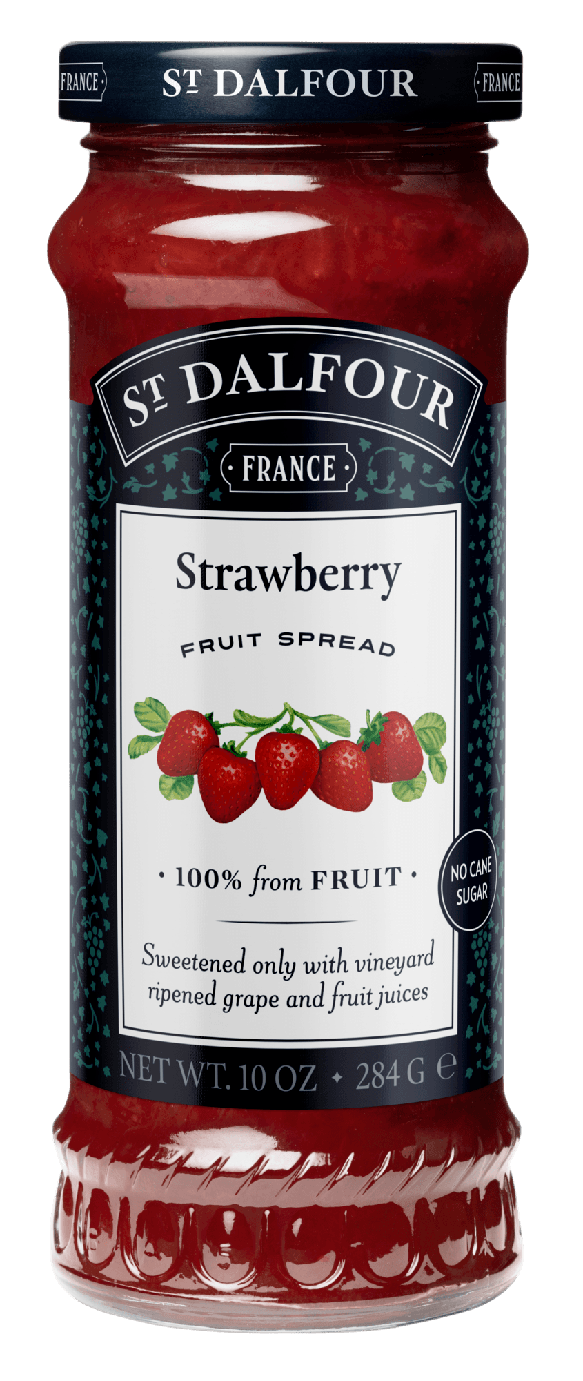 A bottle of St. Dalfour's Strawberry fruit spread
